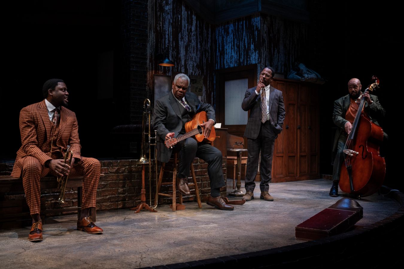 <p>Yao Dogbe (Levee), Craig Wallace (Cutler), Ro Boddie (Toledo), and Derrick Truby (Slow Drag) in August Wilson’s <em>Ma Rainey's Black Bottom.</em> Photo by Teresa Castracane</p>
