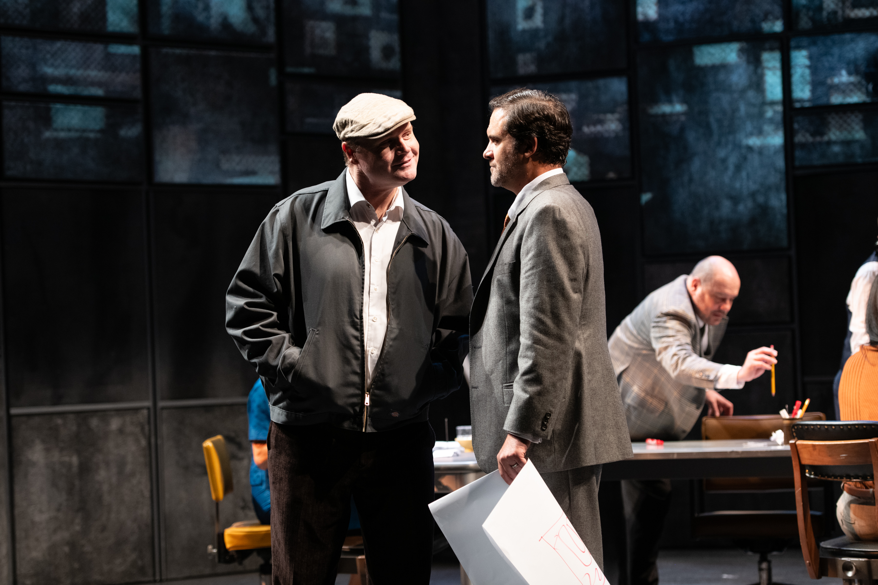 <p>Todd Scofield (Chapel Father) and Cody Nickell (Larry Lamb) in INK. Photo by Margot Schulman.</p>