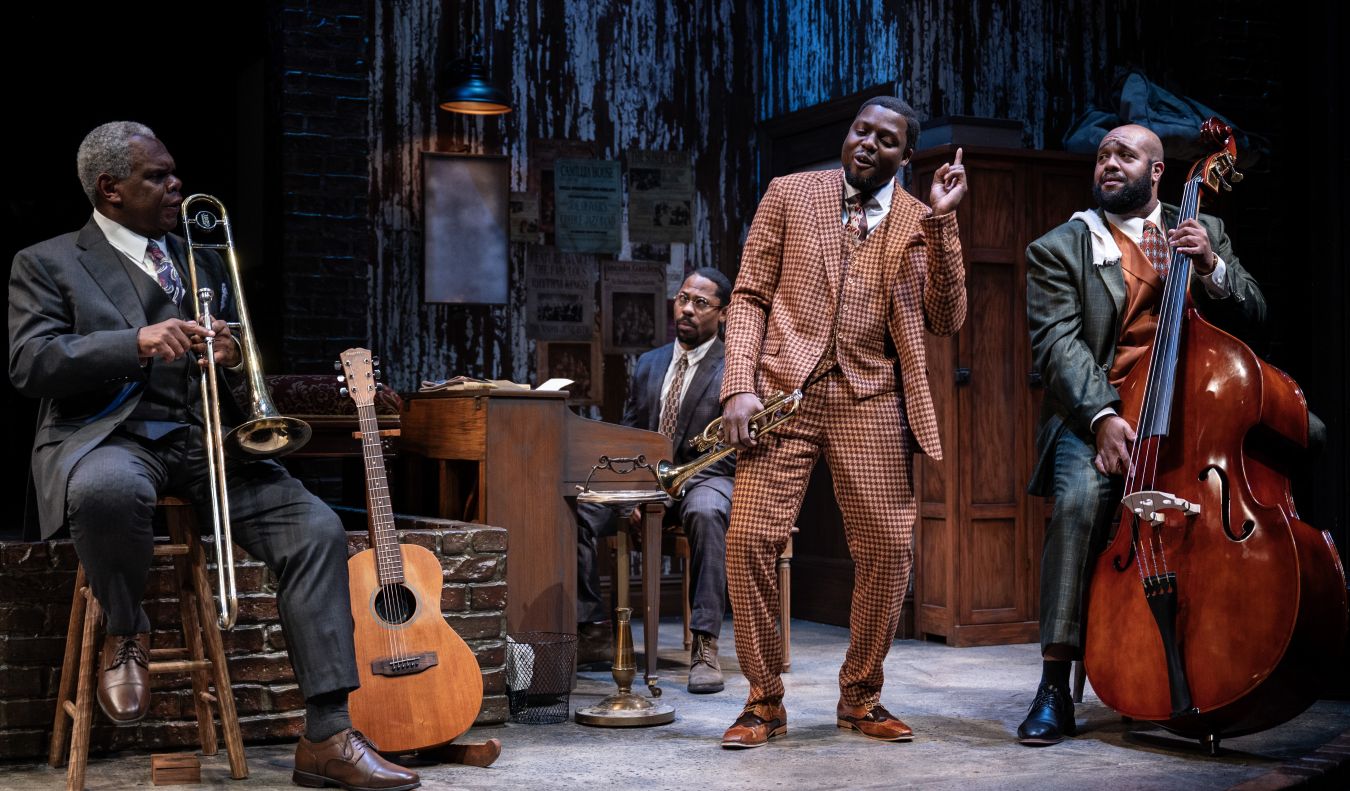 <p>Craig Wallace (Cutler), Ro Boddie (Toledo), Yao Dogbe (Levee), and Derrick Truby (Slow Drag) in August Wilson’s <em>Ma Rainey's Black Bottom.</em> Photo by Teresa Castracane</p>
