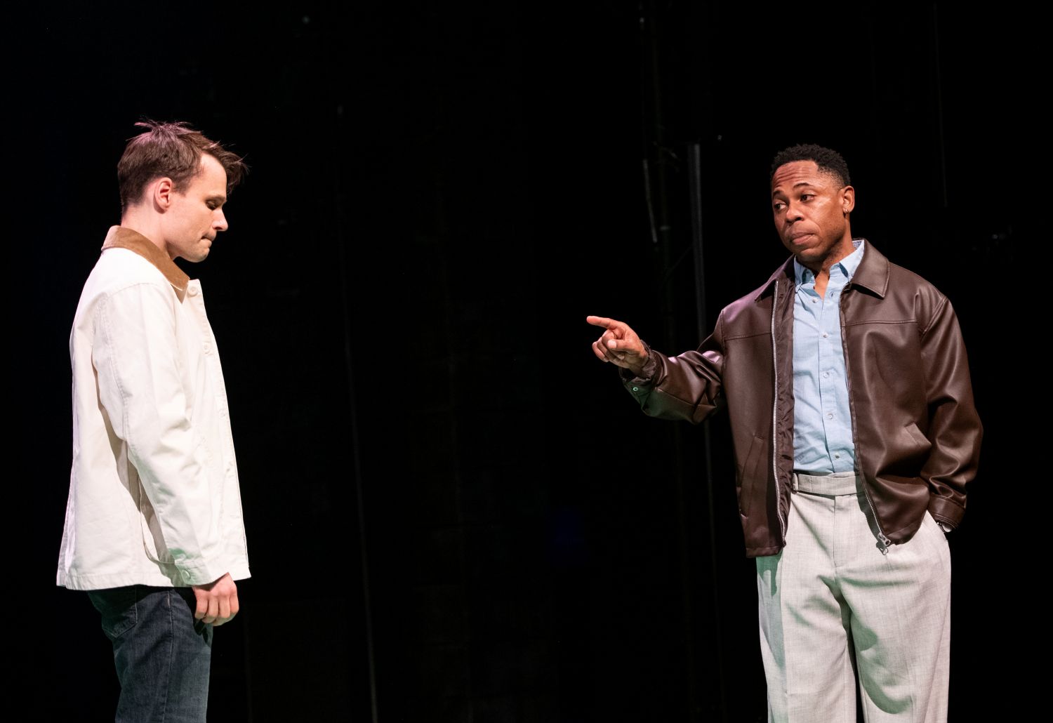 <p>Josiah Bania (Mike/Tom) and Ro Boddie (Kwame/James) in SALLY &amp; TOM. Photo by Margot Schulman.</p>