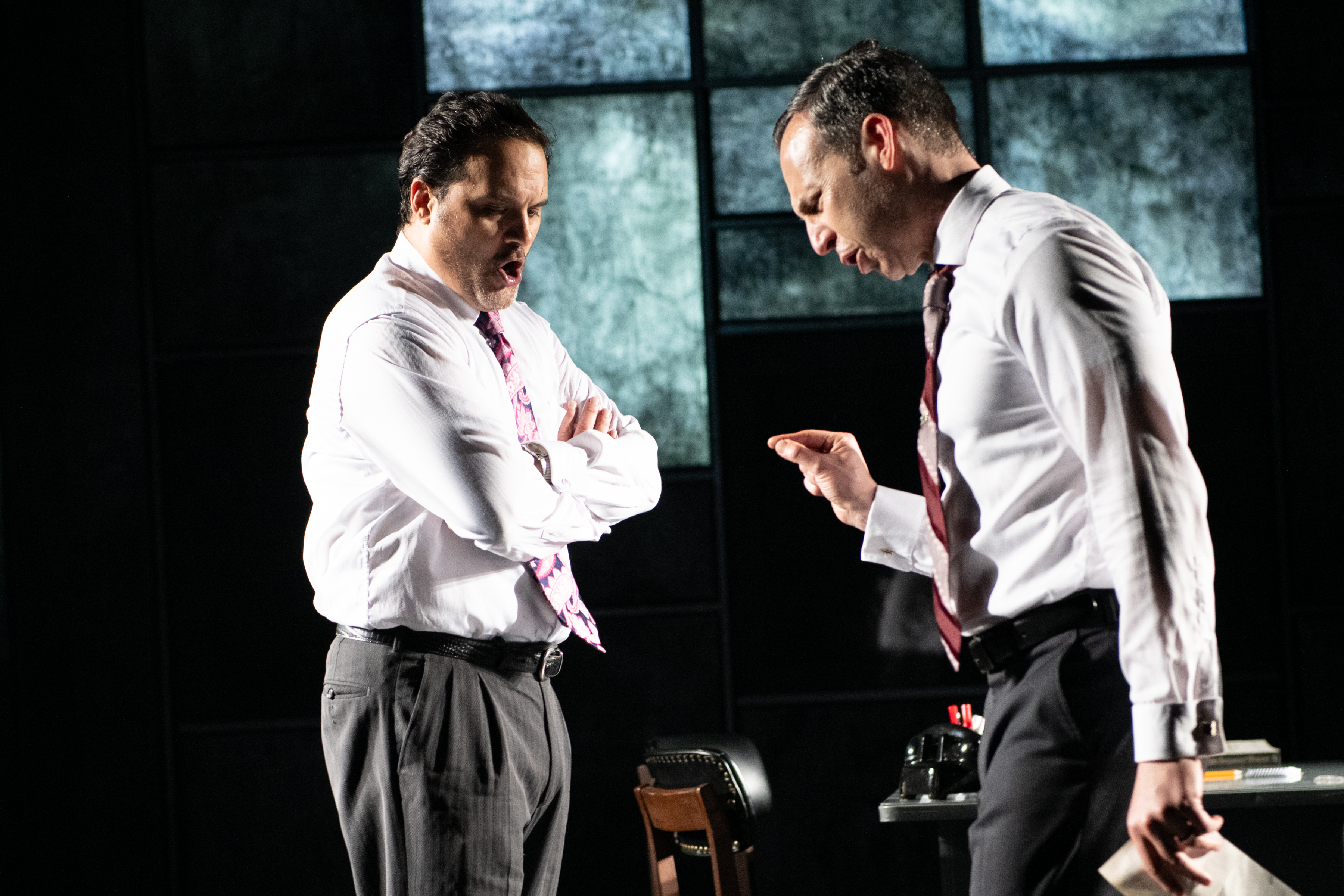 <p>Cody Nickell (Larry Lamb) and Andrew Rein (Rupert Murdoch) in INK. Photo by Margot Schulman.</p>
