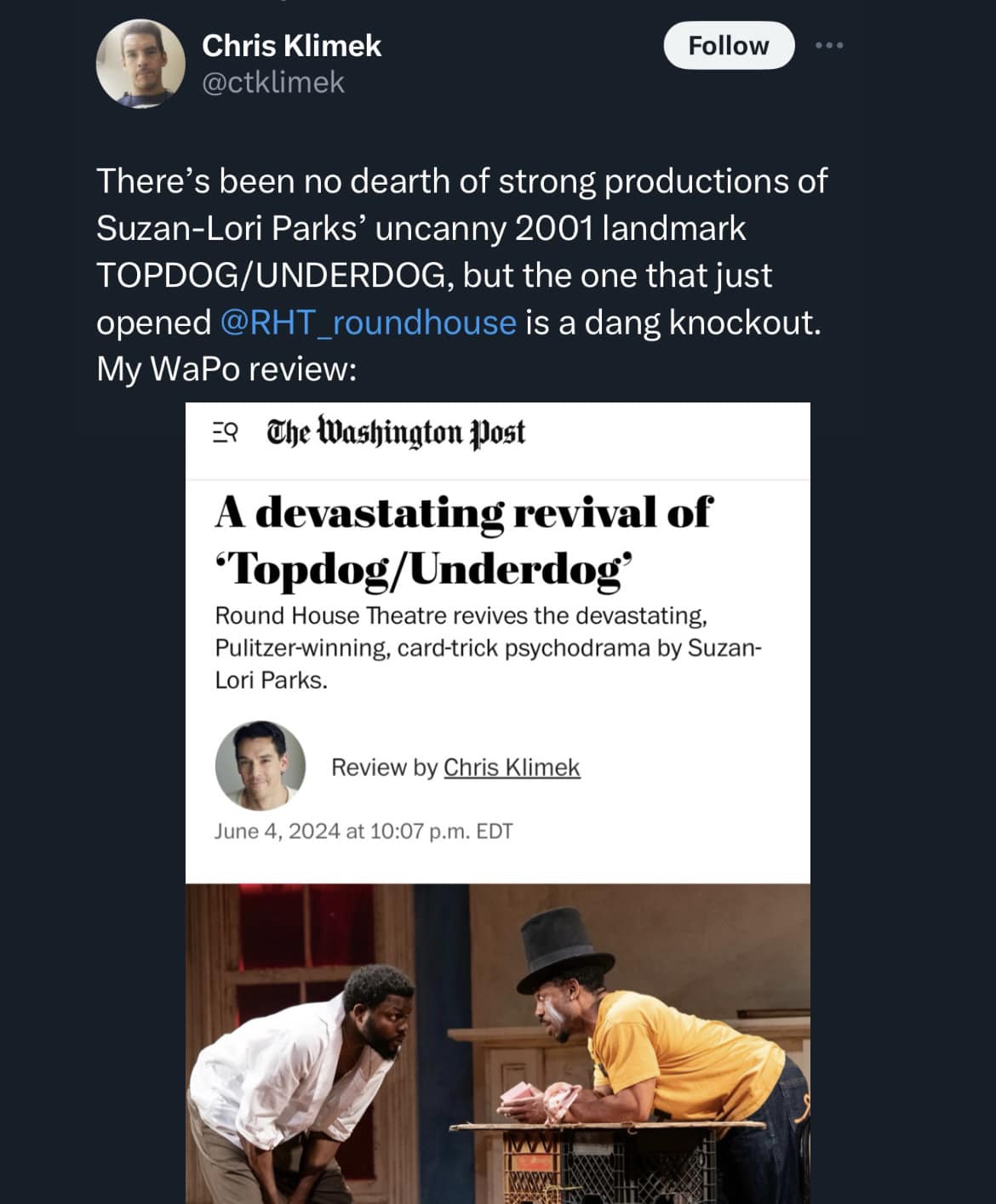 Washington Post Review of TOPDOG / UNDERDOG