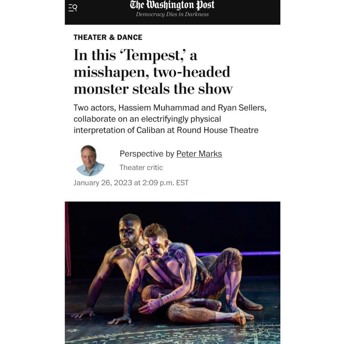 Washington Post Feature by Peter Marks: In this ‘Tempest,’ a misshapen, two-headed monster steals the show
