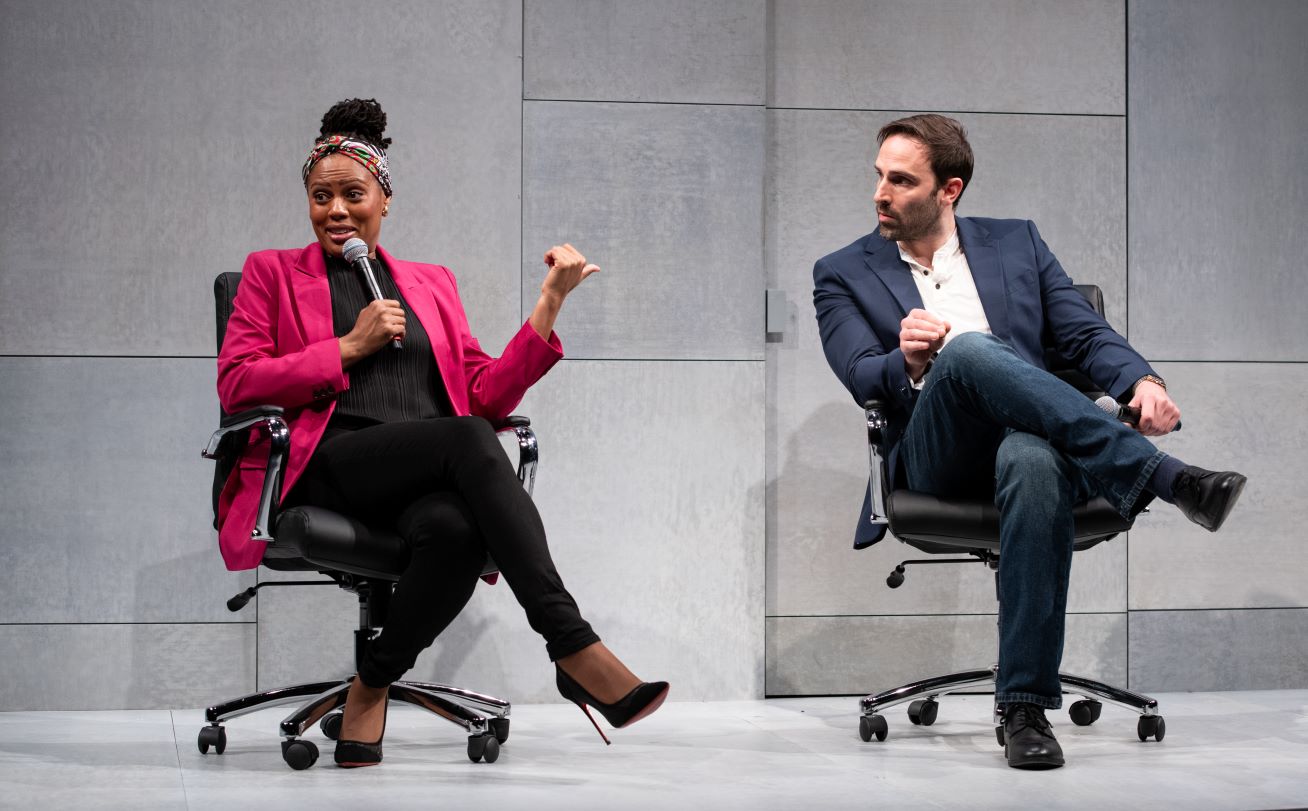 <p>Nikkole Salter (Leslie) and Danny Gavigan (Andrew) in <em>A Jumping-Off Point</em>. Photo by Margot Schulman Photography. </p>