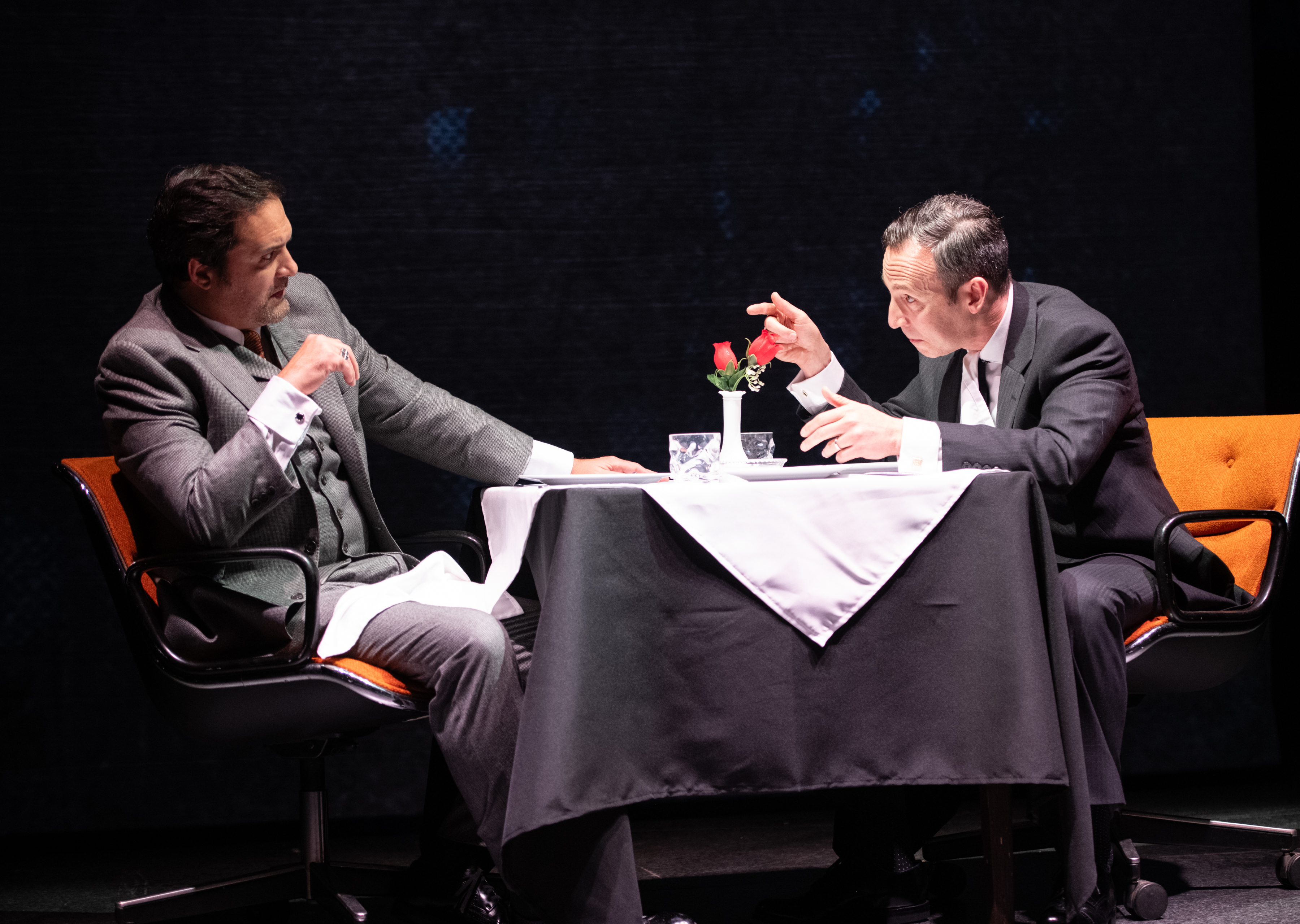 <p>Cody Nickell (Larry Lamb) and Andrew Rein (Rupert Murdoch) in INK. Photo by Margot Schulman.</p>