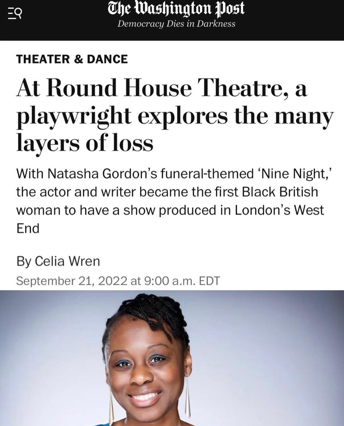 Washington Post Feature: A playwright (Natasha Gordon) explores the many layers of loss