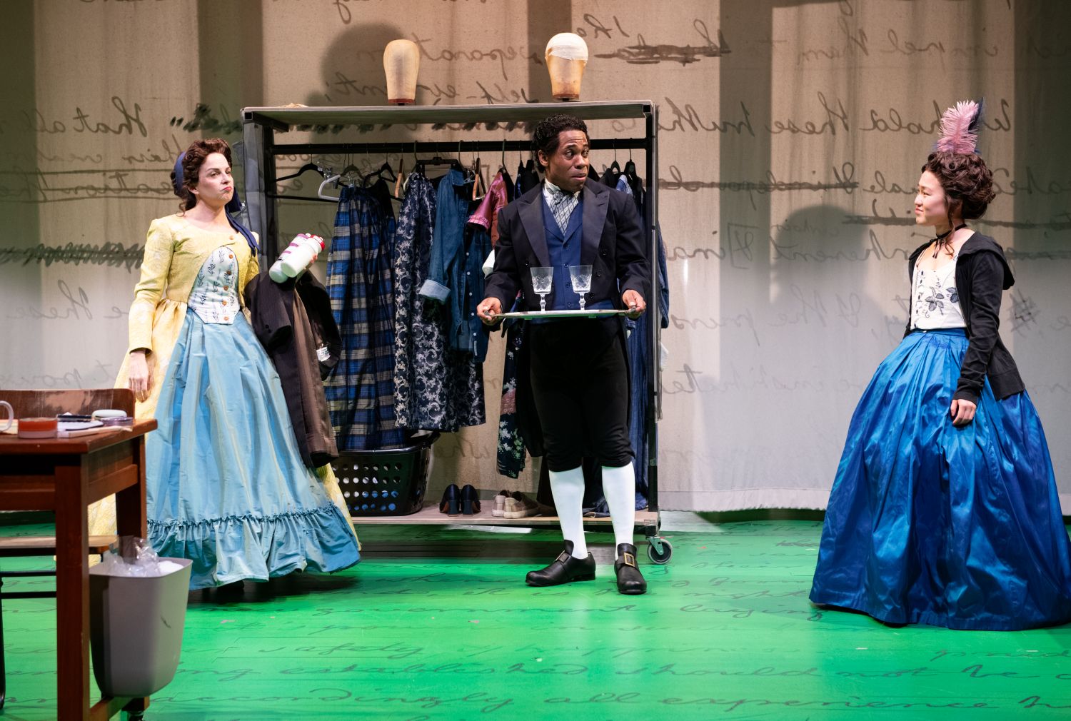 <p>Kimberly Gilbert (Ginger/Patsy), Ro Boddie (Kwame/James), and Charlotte Kim (Scout/Polly) in SALLY &amp; TOM. Photo by Margot Schulman. </p>