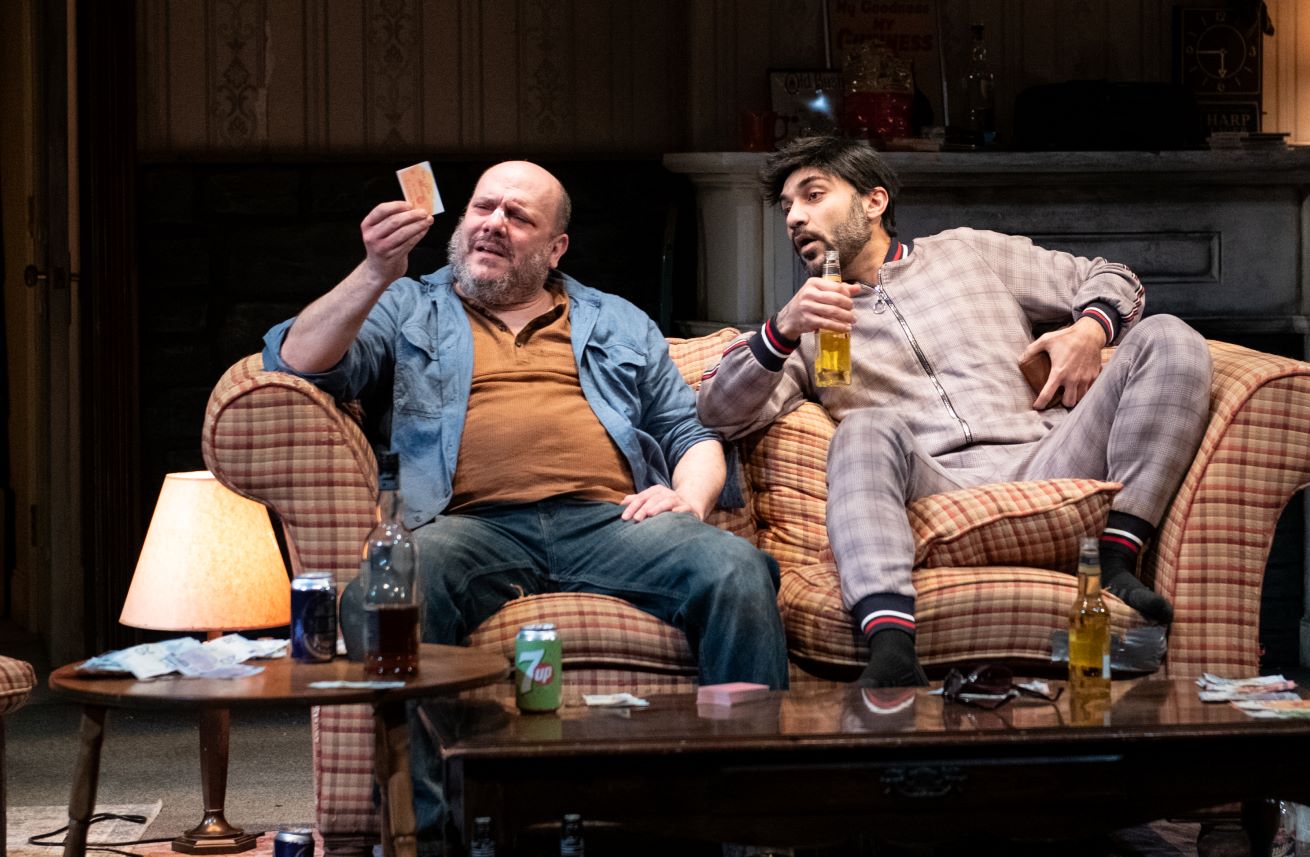 <p>Chris Genebach (Sharky) and Maboud Ebrahimzadeh (Nicky) in <em>The Seafarer</em>. Photo by Margot Schulman Photography. </p>