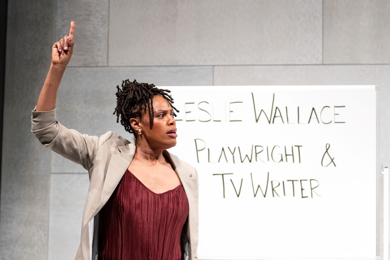 <p>Nikkole Salter (Leslie) in <em>A Jumping-Off Point</em>. Photo by Margot Schulman Photography. </p>