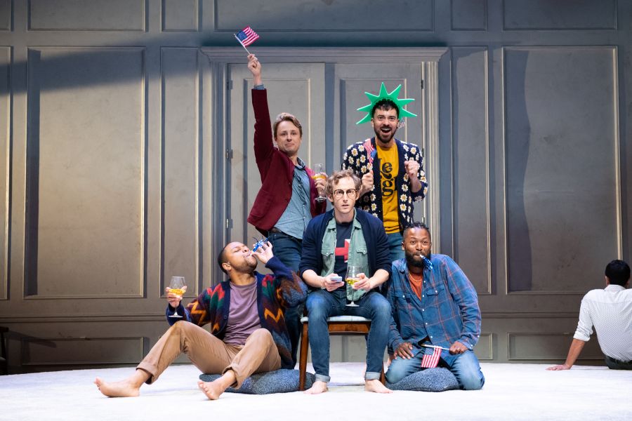 <p>Jamar Jones (Young Man 6/Tristan), David Gow (Eric Glass), Hunter Ringsmith (Young Man 7/Jasper/Paul Wilcox), Jonathan Atkinson (Young Man 4/Jason #2), and John Floyd (Young Man 2/Jason #1) in THE INHERITANCE. Photo by Margot Schulman. </p>