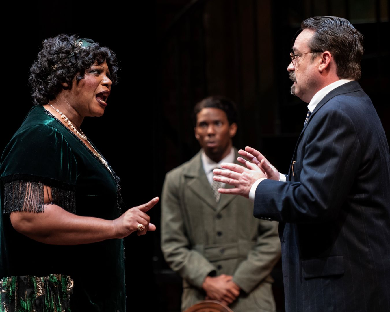 <p>Nicole Michelle Haskins (Ma Rainey),<span> </span>Jaylen Henderson (Sylvester),<span> and </span>Michael Glenn (Irvin)<span> </span>in August Wilson’s <em>Ma Rainey's Black Bottom. </em>Photo by Teresa Castracane</p>